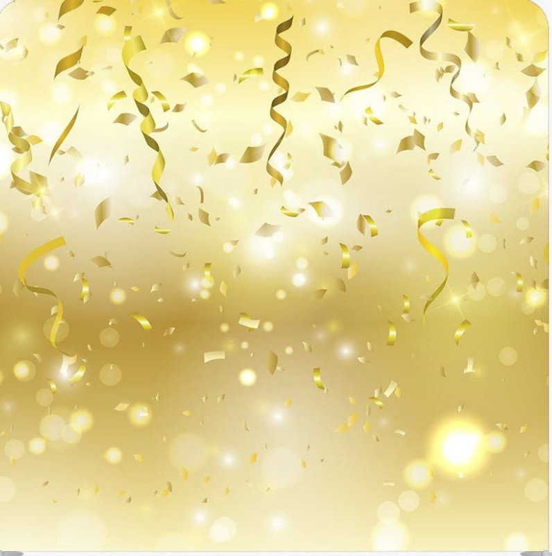 Gold confetti and streamers falling against a glowing gold backdrop.