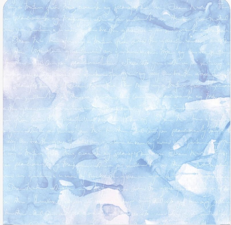 Blue and white watercolour background featuring faint, illegible cursive script layered over the texture.